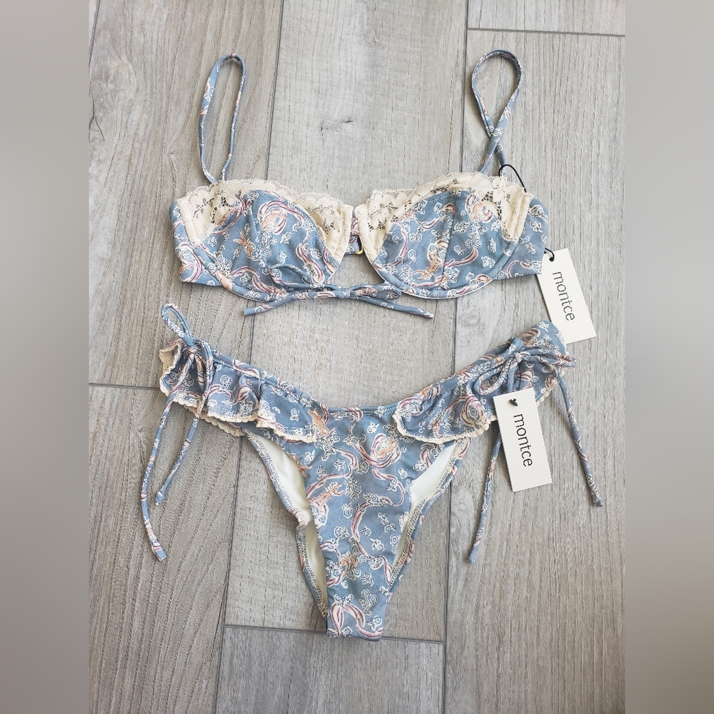 Montce Blue Paisley Ruffle Bikini with Cream Trim